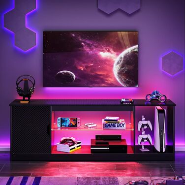 Тумба під телевізор Bestier 145x35x52 см для телевізорів до 65 дюймів з RGB LED-підсвічуванням (22 кольори) та регульованими скляними полицями - низький комод для вітальні, спальні (чорний карбон)