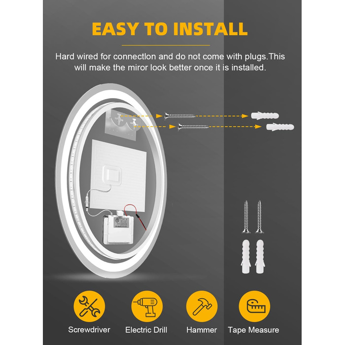 Дзеркало для ванної кімнати Bellanny LED з підсвічуванням 60 см | Настінне дзеркало для макіяжу, косметичне дзеркало | Дзеркало для макіяжу з сенсорним вимикачем, 3 кольори світла, регулювання яскравості, проти запотівання, IP44, кругле, горизонтальне/вер