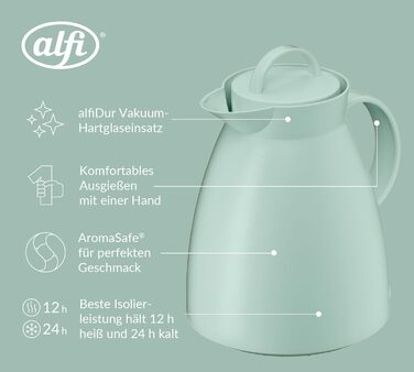 Термос Alfi DAN 1.0 л, пудрово-рожевий, з термоізоляційним корпусом з пластику та скляною вставкою, з кришкою-поворотом, дизайнерська модель, ідеальний для кави та чаю, BPA-free (без фільтра для чаю), колір Silt Green
