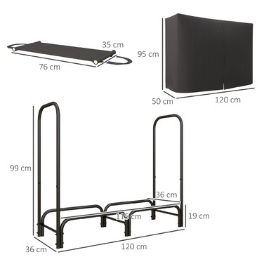 Полиця для дров Outsunny 120x36x99 см Полиця для дров з брезентовою сумкою для перенесення 600D Оксфорд водовідштовхувальний чохол для садового патіо металевий чорний