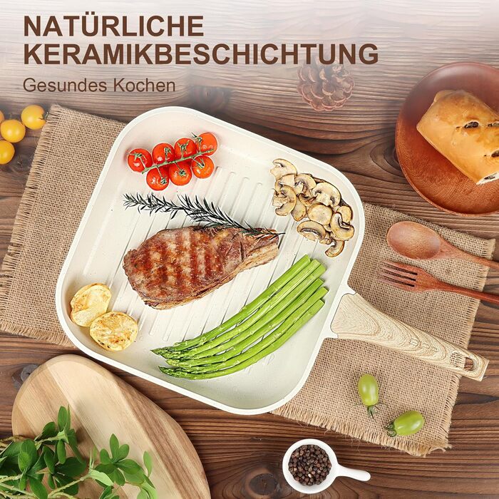 Сковорода-гриль GiPP 28x28 см, для стейків, індукційна, з алюмінію з гранітною антипригарним покриттям, без PFOA, для всіх типів плит, легко миється, біла