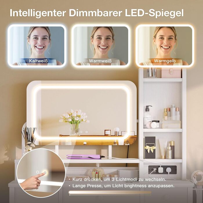 Трюмо ODK з регульованим LED-дзеркалом, туалетний столик з 4 висувними ящиками, USB-порт, білий колір, 100×40×140 см