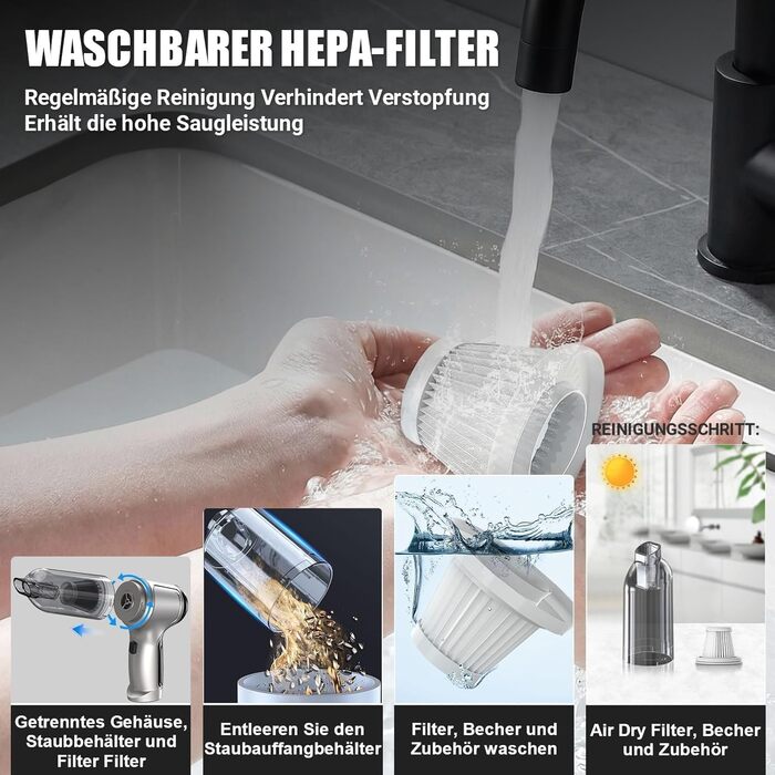 Акумуляторний ручний пилосос 18000Па 120Вт, портативний міні-пилосос для авто, дому та кухні, для вологого та сухого прибирання (шерсть тварин), чорний