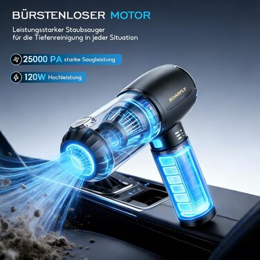 Акумуляторний ручний пилосос SoarFly 4 в 1, 25000Па, бездротовий міні-пилосос для авто, дому та ПК з безщітковим двигуном, LED-підсвіткою та набором щіток, чорний