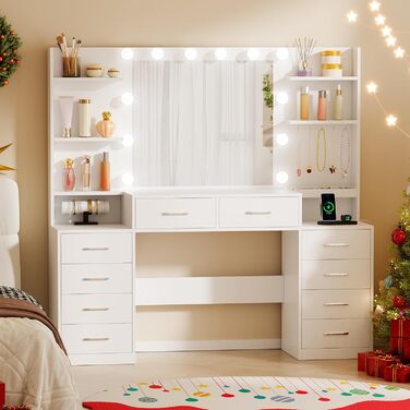 Трюмо BEWISHOME з дзеркалом, регульованою LED-підсвіткою та розетками, 10 шухлядами, 5 полицями, гачками та органайзером для прикрас, сучасний дизайн, білий колір, EFST52W