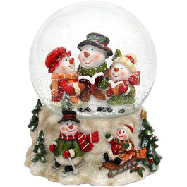 Деко-герої24 Снігова куля на хитромудро прикрашеній підставці, з музичним супроводом, мелодія Біле Різдво, Розміри L/B/H 12,5 x 12 x 14,5 см Сфера Ø 10 см (тріо сніговиків)