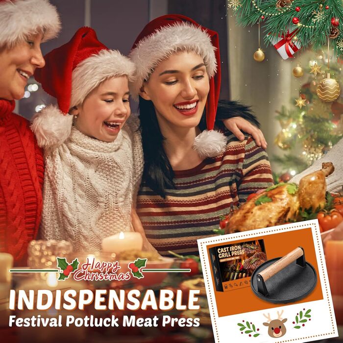 Пресс для бургерів Freelander з чавуну, набір для приготування смашених бургерів (діаметр 17.6 см, прямокутний 20.5 см), прес для гриля з термостійкою ручкою, великий прес для гамбургерів, стейків, сендвічів (чорний, круглий)