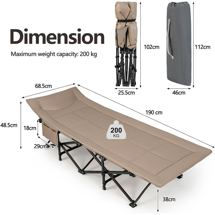Кемпінгове ліжко KOMFOTTEU 190x68x48,5 см до 200 кг хакі