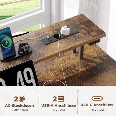 Ігровий кутовий стіл Seventable L-подібний з LED підсвіткою, розетками та 3 текстильними шухлядами, 135x135x88 см (Вінтажний коричневий)