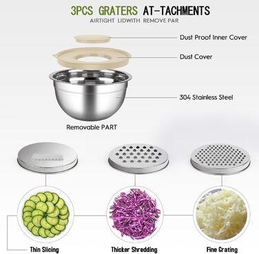 Набір місок для перемішування з кришками, 26 предметів, нержавіюча сталь, 3 тертки, міски для кухні, випічки, холодильника, зберігання продуктів, органайзер, 7 розмірів (Хакі)