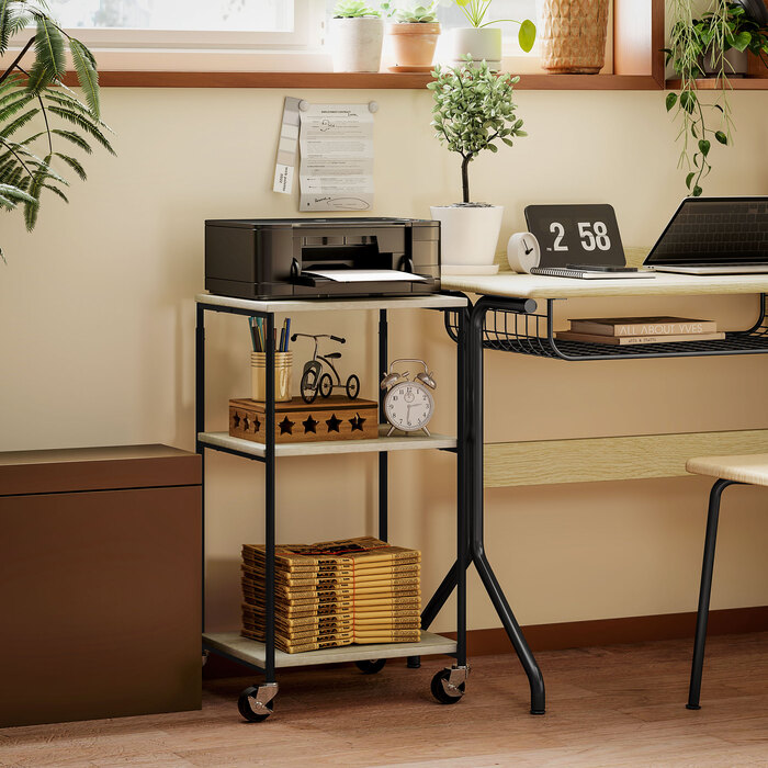Підставка для принтера з 3 рівнями, регульована по висоті, мобільний стіл для принтера на колесах, для домашнього офісу, металева та дерев'яна