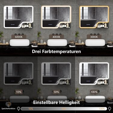 Дзеркало для ванної кімнати YOURLITE з LED-підсвічуванням 100x60 см, сенсорне керування, годинник, антизапар, 3 кольори світла, регулювання яскравості, без запотівання, функція пам'яті, білий