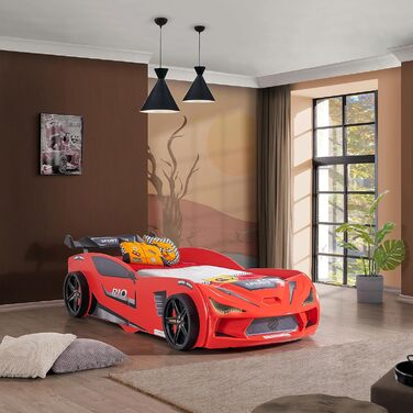Дитяче ліжечко Aileenstore Дитяче ліжечко Rio 90x200 Ліжко для гоночних автомобілів з рейковим каркасом Світлодіодний спойлер (включаючи матрац Creativ Fresh H2, червоний без спортивних сидінь)