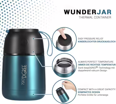 Термос для їжі 720°DGREE wunderJar 450 мл, нержавіюча сталь, герметичний, BPA Free, зелений, для супу, мюслі, дитячого харчування, зберігання теплих і холодних страв, ланчбокс для подорожей