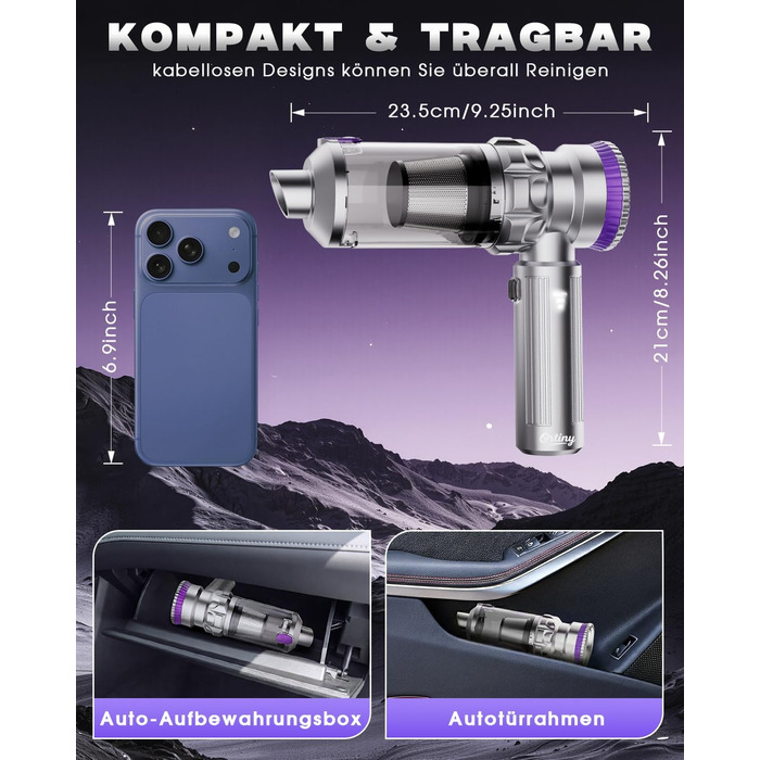 Бездротовий автомобільний пилосос Ortiny 28000Па, ручний міні-пилосос 4 в 1 з безщітковим двигуном та самоочищенням контейнера, для авто, дому та кухні, сріблясто-фіолетовий