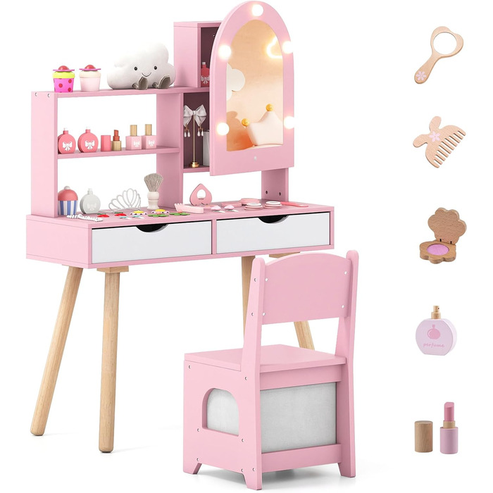 Детський туалетний столик COSTWAY 2-в-1 зі стільчиком та дзеркалом, з LED-підсвіткою, 2 шухляди, для дівчаток 3-7 років (Рожевий)