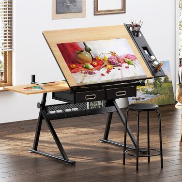 Регульований стіл для малювання та роботи, з хокером та ящиками. Ідеально для техніків, архітекторів та студентів мистецтв
