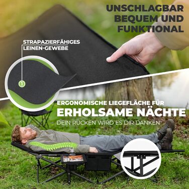 Розкладне кемпінгове ліжко NORDICTRAILS XXL з м'яким матрацом, чорне (190 x 70 см) — зручне ліжко для відпочинку на природі, риболовлі та гостей