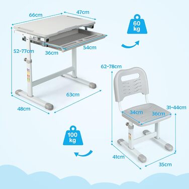 Дитячий письмовий стіл GOPLUS з регулюванням висоти зі стільницею та шухлядою, включаючи стілець (сірий)