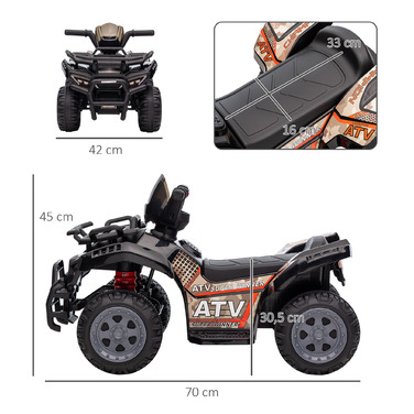 HOMCOM Mini Electric Quad Kids Electric ATV Світлодіодне переднє світло Дитячий автомобіль для 18-36 місяців Дитячий металевий ПП пластик чорний 70x42x45см
