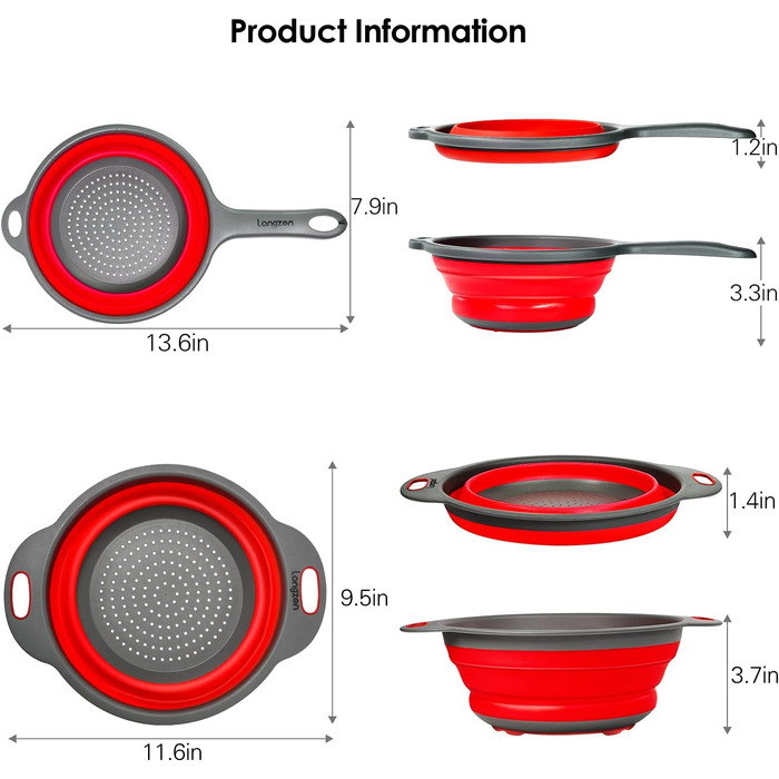 Складний друшляк Longzon 2 гр. Силіконовий друшляк, друшляк для макаронів, ситечко, кухонне ситечко, ручка, компактний, легко миється, можна мити в посудомийній машині, 8/9,5 дюйма, червоний
