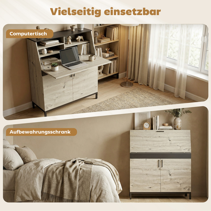 Промисловий письмовий стіл-секретар з полицями та металевим каркасом 100 см, натуральне дерево та чорний колір