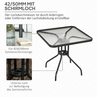 Outsunny Garden Table Знімний металевий 76x76 см Атмосферостійкий квадратний балконний стіл з отвором для парасольки, Нековзний фуршетний стіл Кемпінговий стіл Патіо Стіл для патіо Стіл для патіо Стіл для відкритого саду, патіо Балкон чорний | Аосом