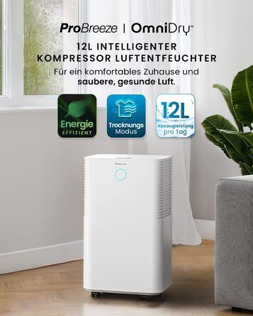 Про Breeze OmniDry - електросушарка для повітря з Wi-Fi, 12л/24г, з функцією сушіння білизни, датчиком вологості, таймером, проти цвілі, для приміщень до 25м²
