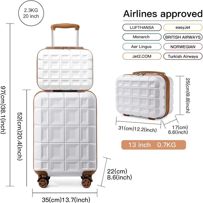 Набір валіз KONO 2 в 1: велика валіза (54 см) та косметичка (білий колір)