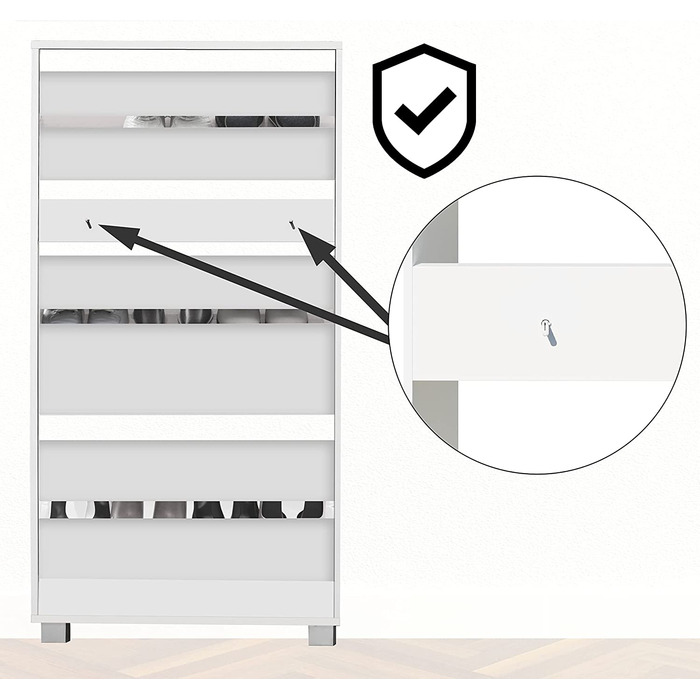 Шафа для взуття Casaria® на 18 пар, 115x60x25 см, 3 дверцята, дерево бук, білий колір, з блокуванням від перекидання