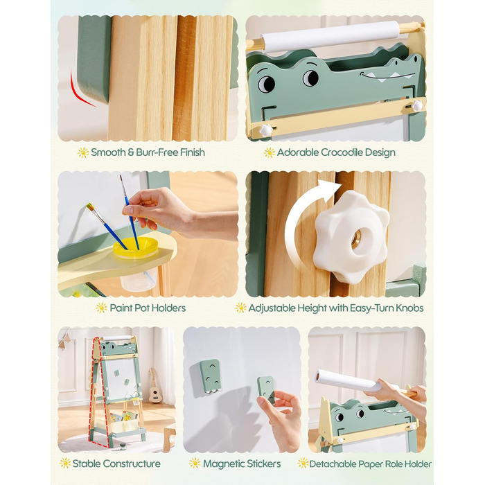 Мольберт для малювання ROBOTIME Alligator – 3-в-1, регульована висота, дерев'яний мольберт з магнітною дошкою, крейдяною дошкою та держателем для рулонів паперу, дитяча арт-станція для хлопчиків та дівчаток