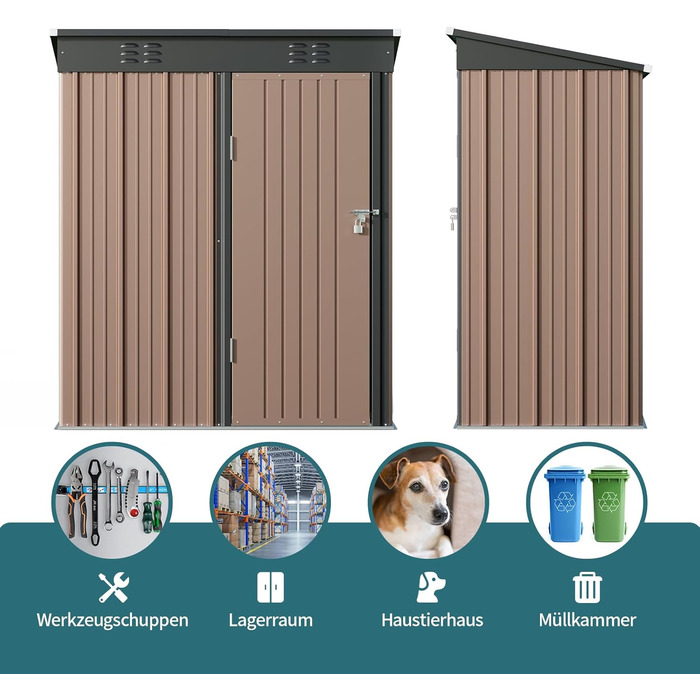Металевий сарай для інструментів Bealife 180x162x95 см, сталевий садовий шоп, вуличний склад, господарський будиночок для двору, тераси, газону (коричневий)