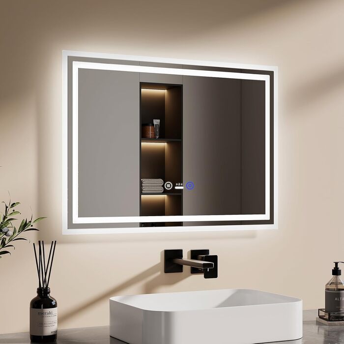 Дзеркало для ванної кімнати EMKE з підсвічуванням 80x60 см, LED, з датчиком руху, сенсорне, проти запотівання, 3 кольори світла, регулювання яскравості, автоматичне вимкнення на 1 годину, IP44, енергозберігаюче
