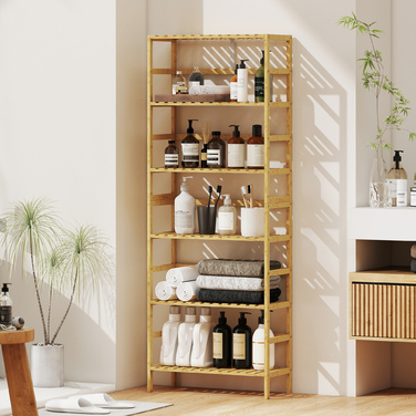 Стелаж з 6 полицями з бамбука, регульовані полиці, окремо стоячий стелаж для зберігання, натуральне дерево