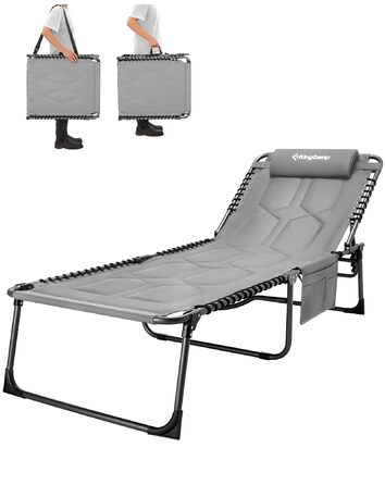 Лежак для відпочинку KingCamp великого розміру, складаний, 5 положень, для саду, кемпінгу, пляжу, з подушкою та кишенею, до 200 кг, 200 x 68 см, сірий