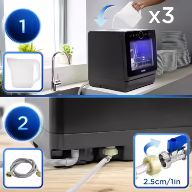 Настільна посудомийна машина Duronic DW5 BK Mini, 6 програм, 3 комплекти посуду, бак 5 л, без підключення води