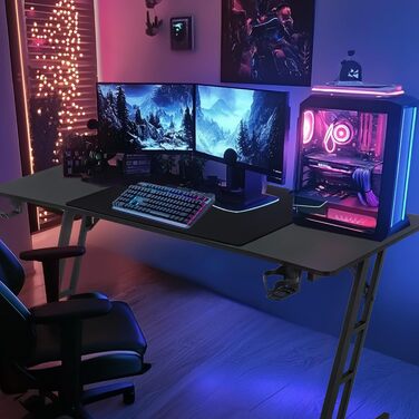 Ігровий стіл 120x60 см з А-подносінням, стіл для комп'ютера з тримачем для напоїв та гачком для навушників, карбонове покриття, стійкий, ергономічний для дому та офісу