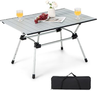 Кемпінговий стіл COSTWAY складний, регульований по висоті розкладний стіл з алюмінієвою стільницею, розкладний стіл садовий стіл з рулонною стільницею, включаючи сумку для перенесення, 90 x 60,5 x 52 см (сріблястий)