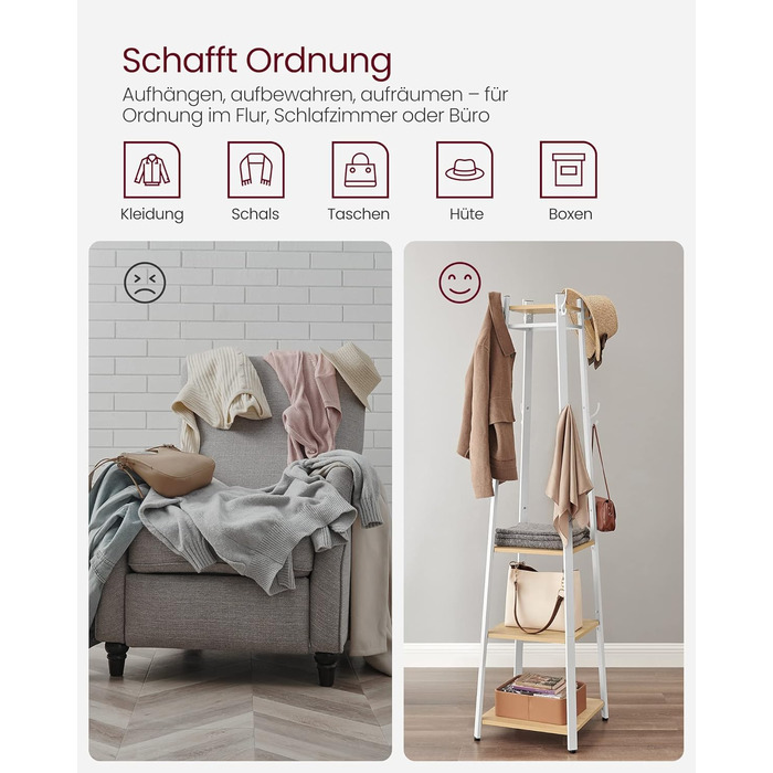 Стійка для одягу VASAGLE з 8 гачками, 4 полицями та вішалкою, металевий каркас, для шалей, курток, сумок, для прихожого, золотий дуб + білий, LCR080W09
