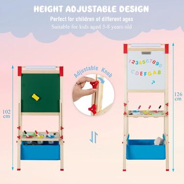 Дитяча мольберт HOMASIS двосторонній, регульована висота, крейда та папір, для дітей 3-8 років, з сумкою для зберігання, 44 x 40 x 102-126 см