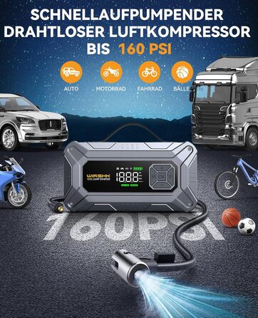 Портативний пусковий пристрій 8000A з повітряним компресором 160 PSI для бензинових та дизельних двигунів (до 10л), з дисплеєм та аварійною світлодіодною лампою