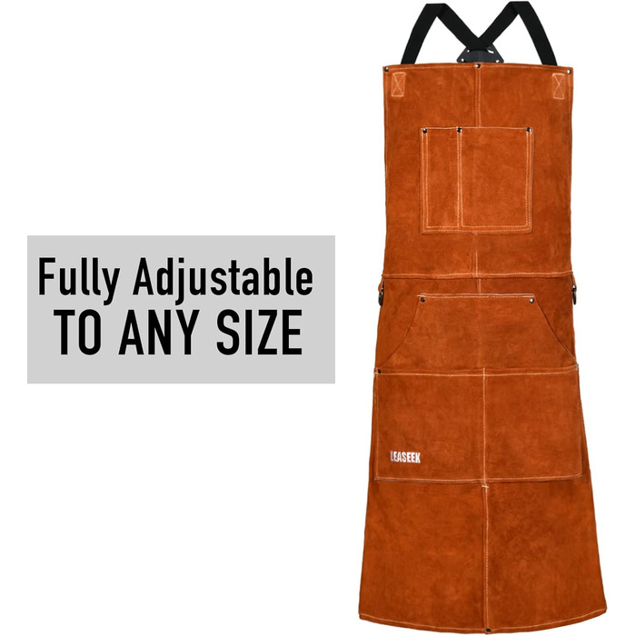 Шкіряний фартух для зварювальника LeaSeek – термостійкий та вогнестійкий, з 6 кишенями, великий розмір (M-XXXL), 61x91 см + шкіряні рукавички