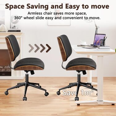 Крісло офісне без підлокітників Clatina з роликами, регульоване по висоті, шкіряне, поворотне, для комп'ютера, середньою спинкою, сучасний стиль горіх, для home office, робочого кабінету, конференц-залу, біле (чорне), 1 шт.
