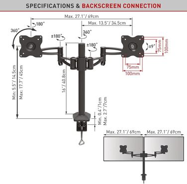 Кріплення для монітора Barkan 13-34 дюймів, регульоване, для столу, LED/LCD, до 6 кг (Basic, подвійний кріплення)
