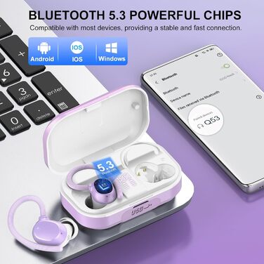 Спортивні навушники Bluetooth, Бездротовий 5.3, 120 год, LED, Глибокі баси, IP7, Вушні гачки, Робота/Спорт (фіолетовий)