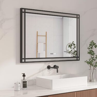 LED дзеркало для ванної кімнати AQUABATOS 50x70 см з підсвічуванням, ефект вікна, сенсорне керування, регулювання яскравості, антизапотівальне покриття, чорний алюмінієвий каркас, індустріальний стиль, годинник, дзеркало для макіяжу