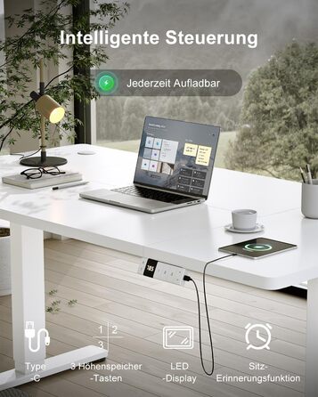 Електричний стіл Devoko з регулюванням висоти 200x80 см, білий, з USB-C зарядкою та органайзером для кабелів