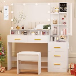 Великий туалетний столик ANWBROAD з LED-підсвічуванням (3 кольори) та розетками, білий, з дзеркалом та пуфом, 5 ящиків, скляні дверцята, 140x115x40 см, BDT68W