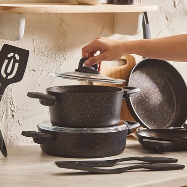 Набір каструль та сковорідок Karaca Ceramica Steel 3Ply: 13 предметів, чорний/золотий, з нержавіючою сталлю та керамічним покриттям