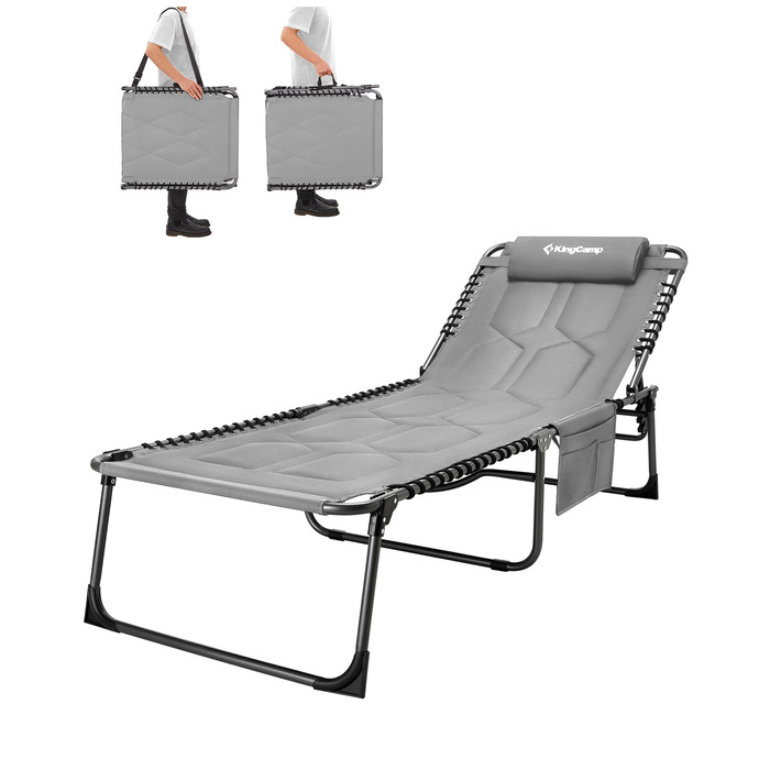 Лежак для відпочинку KingCamp великого розміру, складаний, 5 положень, для саду, кемпінгу, пляжу, з подушкою та кишенею, до 200 кг, 200 x 68 см, сірий